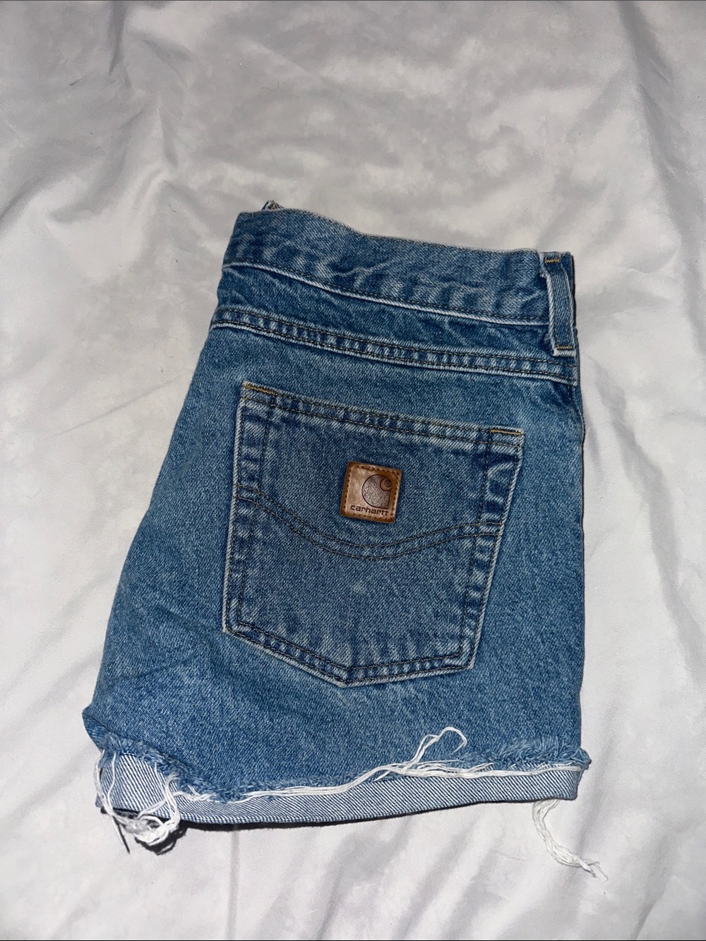 Carhartt Women's Medium Blue Denim Cutoff Shorts with Logo Patch